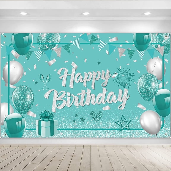 Teal Birthday Banner Turquoise and Silver Green Birthday Party Decorations Mint Blue Birthday Backdrop for Girls Boys Teal Silver Birthday Baby Shower Party