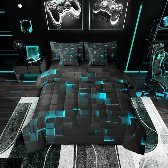 Teal And Black Bed in a Bag King,Neon Turquoise Geometric Check Bedding Set 7 Piece Stereoscopic Abstract Plaid Grids Bed Comforter Set Adults,Geometry Square Bed Set