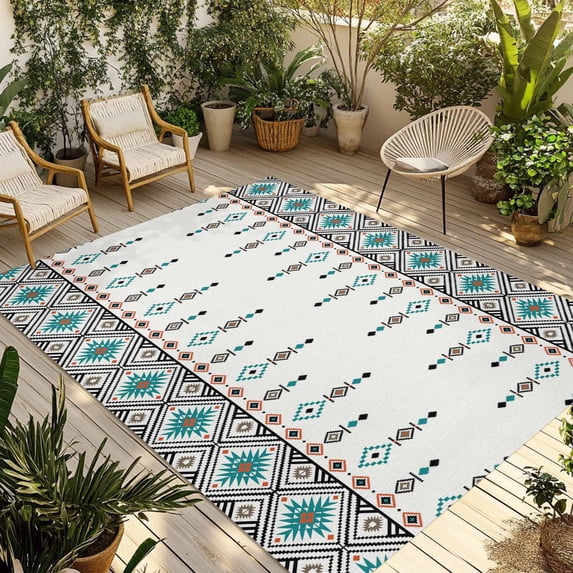 Teal Black Boho Outdoor Rug 3x5 Ft - Reversible Patio Rug Outdoor Camping Rugs, Vintage Ethnic Tribe Abstract Art Retro Indoor Outdoor Area Rugs, Non-Slip Outdoor Carpet Runner for Deck/Porch
