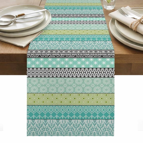 Teal Black Boho Table Runner - 120 Inch Long, Kitchen Dining Table Runner Dresser Scarves, Vintage Ethnic Tribe Abstract Art Farmhouse Decor for Coffee Tables Wedding Party Banquet