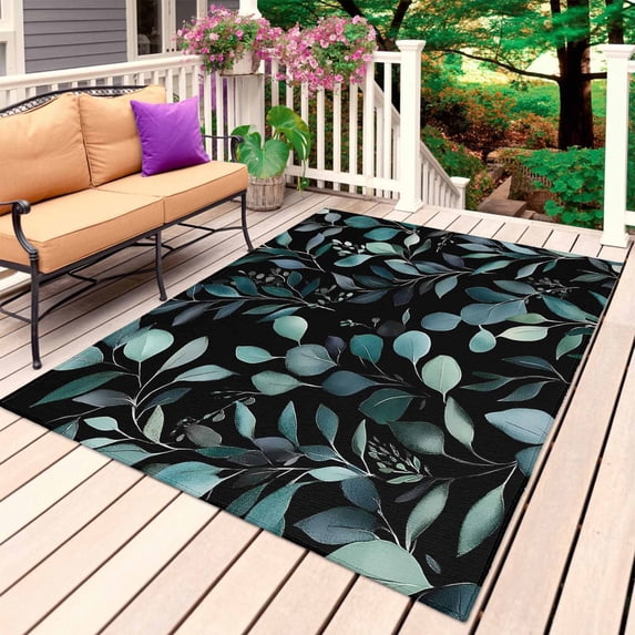 Teal Black Botanical Outdoor Rug 3x5 Ft, Non Slip Washable Area Rug, Spring Eucalyptus Leaves Greenery Patio Rugs Carpet Runner, Large Floor Mat for Indoor/Outdoor Deck Porch Camping