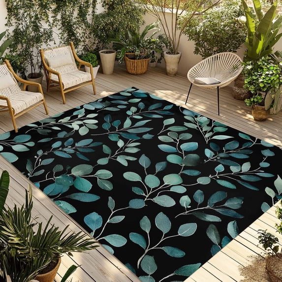 Teal Black Botanical Outdoor Rug 4x6 Ft - Reversible Patio Rug Outdoor Camping Rugs, Spring Eucalyptus Leaves Sprigs Washable Indoor Outdoor Area Rugs, Non-Slip Outdoor Carpet Runner for Deck/Porch