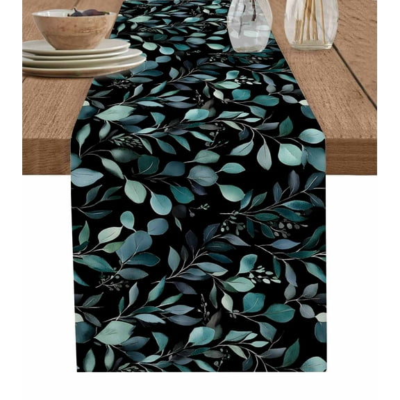 Teal Black Botanical Table Runner 48 Inches, Spring Eucalyptus Leaves Greenery Bed Runner Dresser Scarves Tabletop for Indoor Outdoor Parties/Ceremony/Banquet, 13" x 48"
