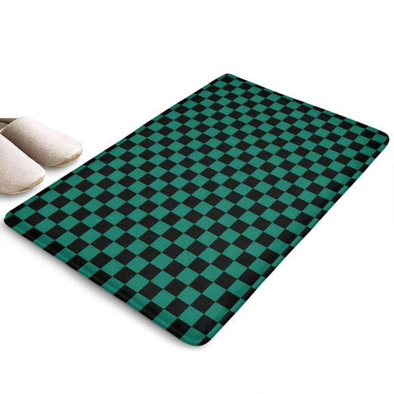 Teal and Black Checkerboard Flannel Non Slip Door Rugs,Washable Door Mats Indoor,Decorative Door Mats,Dirt-Resistant and Absorbent Doormat for Entrance,Bedroom,Kitchen,Bathroom,23.5"x16"