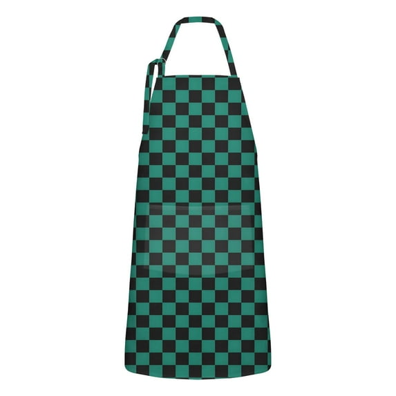 Teal and Black Checkerboard Pattern Apron-Garden Aprons for Women with Pockets-Cotton Linen Waterproof Kitchen Cooking Gardening Aprons Adjustable for Kitchen,Cooking,BBQ and Salon 33x27 Inch
