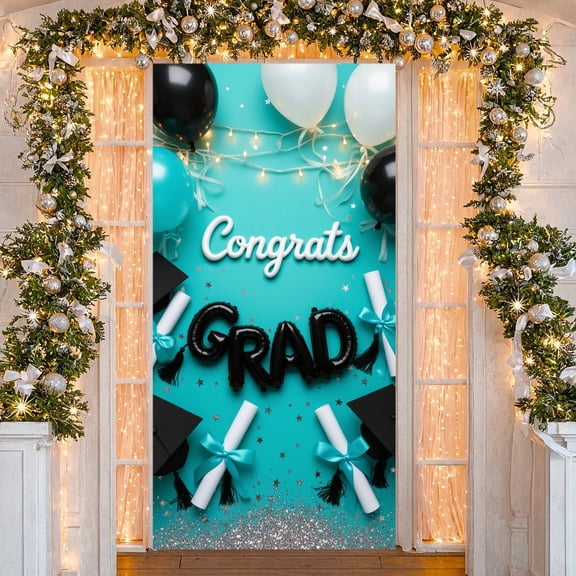 Teal & Black  Congrats Grad Banner Balloon Decor Grad Party Backdrop Grad Cap Design Glitter Accent Graduation Background for High School Graduates College Grad Parties Graduation Ceremonies