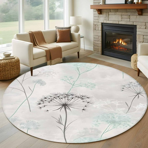 Teal Black Dandelion Round Area Rug 5 FT, Non Slip Bedroom Area Rug, Vintage Watercolor Floral Washable Soft Circular Carpet Non-Shedding Floor Mat for Kitchen Dining Room Foyer Balcony Dorm