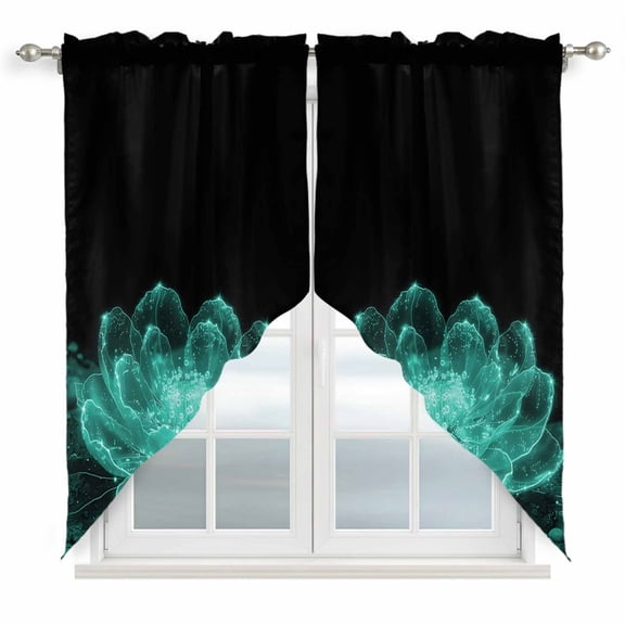 Teal Black Floral Kitchen Window Curtains, Swag Curtains Valance for Bedroom Living Room Bathroom, Modern Minimalist Ombre Botanical Rod Pocket Window Treatment Curtain Block Drapes 2 Panels 36"x45"