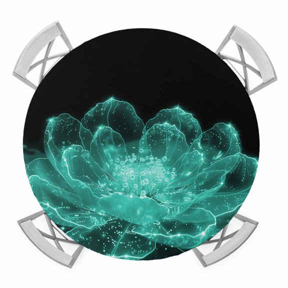 Teal Black Floral Round Tablecloth for 36-44 Inch Tables,Fitted Table Cover with Elastic Edge,Modern Minimalist Ombre Botanical Waterproof Outdoor Table Cloth Protector for Patio Garden Dinner Picnic