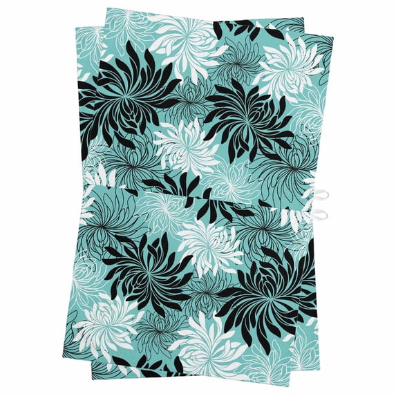 Teal Black Flowers Kitchen Towels Set of 2, Water Absorbent Dish Towel, Modern Abstract Blooms Floral Decorative Hand Towels - Quick Drying Cloth for Cooking Baking, 18x28 Inch