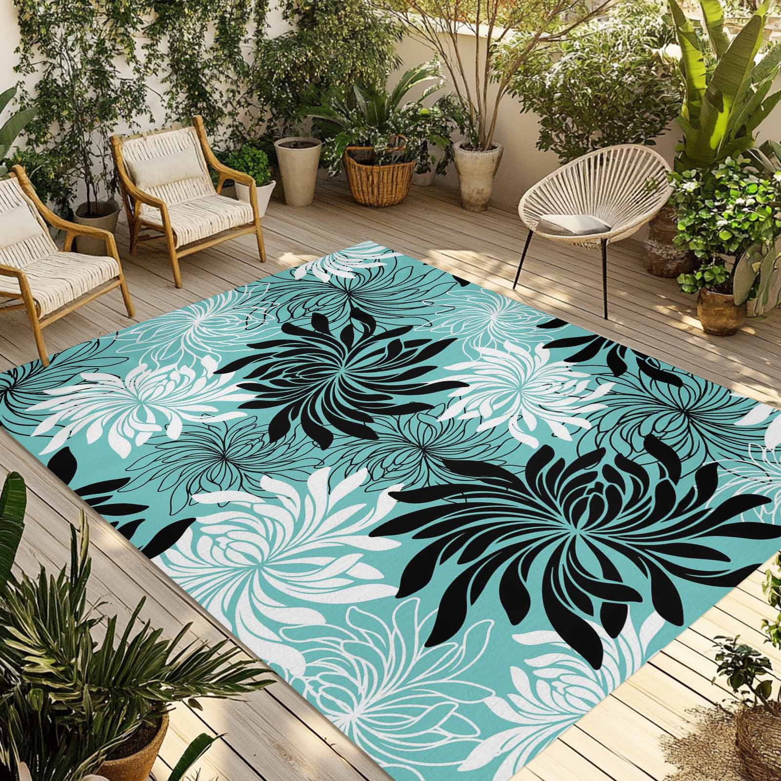 Teal Black Flowers Outdoor Rug for Patio/Deck/Porch, Non-Slip Large Area Rug 4 x 6 Ft, Modern Abstract Blooms Floral Indoor Outdoor Rugs Washable Area Rugs, Reversible Camping Rug Carpet Runner
