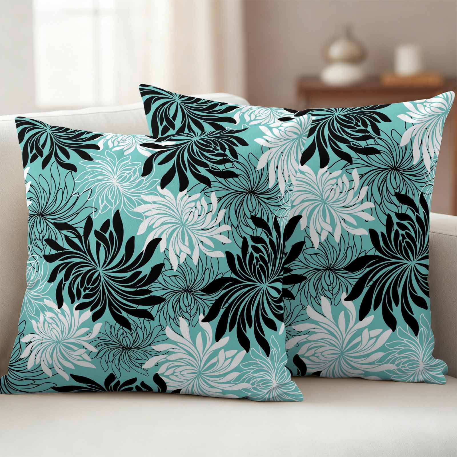 Teal Black Flowers Outdoor Waterproof Throw Pillow Covers 18x18 Set of 2, Modern Abstract Blooms Floral Decorative Pillowcases Cushion Pillowcase for Couch Sofa Patio Outside Pillow Protector