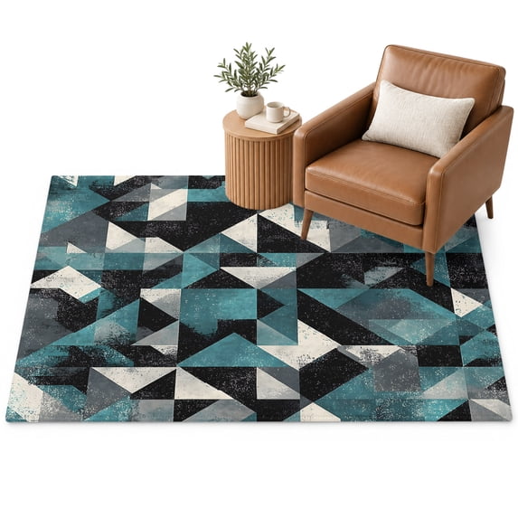 Teal Black Geometric Area Rug 3'x5', Modern Art Abstract Vintage Soft ...