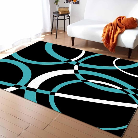 Teal Black Geometric Area Rugs for Living Room Bedrooom, Area Rug Non Slip, Modern White Round Geometric Abstract Room Area Rug Washable Accent Floor Carpet Runner-5' x 7'
