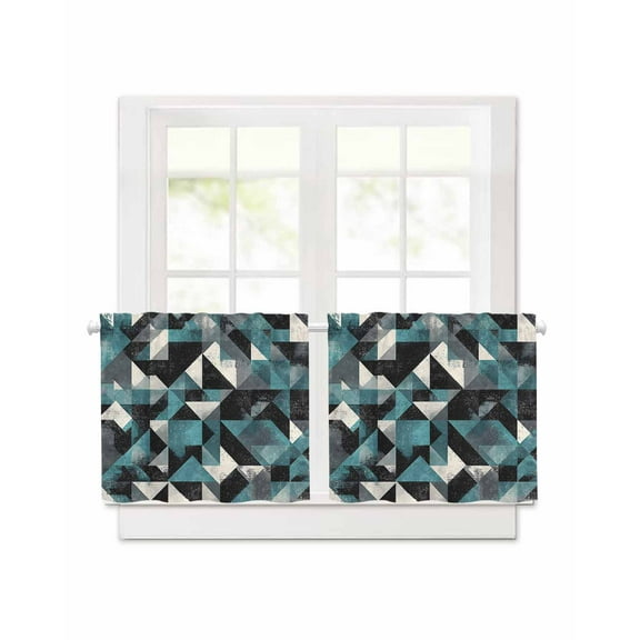Teal Black Geometric Short Blackout Curtains 30Inch Long Modern Art Abstract Vintage Rod Pocket Kitchen Curtains, 2 Panels Thermal Insulated Room Darkening Drapes for Bedroom, 30"W x 30"L