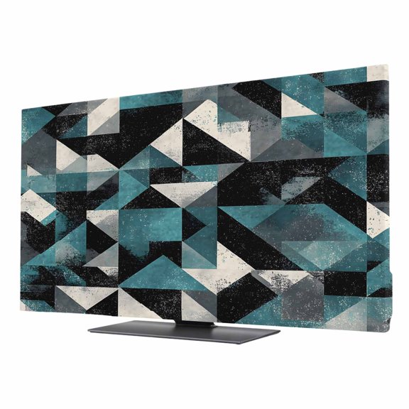 Teal Black Geometric TV Dust Cover 24 Inch, Modern Art Abstract Vintage Computer Monitor Cover Dustproof Stretchable Indoor TV Screen Protector for LED LCD Universal Monitors