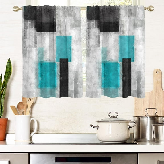 Teal Black and Grey Window Curtains for Kitchen Turquoise Aqua Gray Silver White Art Small Short Home Living Room Bedroom Bathroom Drapes Treatment Tiers Fabric 1 Pair, 27.5" W x 39" L, Modern