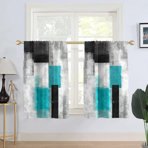 Teal Black and Grey Window Curtains for Kitchen Turquoise Gray Aqua White Silver Geometric Small Short Home Living Room Bedroom Bathroom Drapes Treatment Fabric 1 Pair, 27.5" W x 45" L, Modern