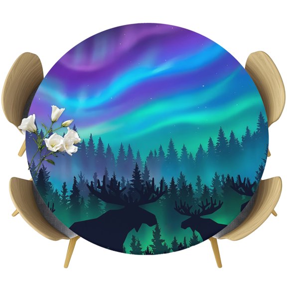 Teal Black Moose Round Tablecloth 36-44 Inch Round Fitted Table Cloth with Elastic Edge, Silhouettes Animals Forest Waterproof Table Cover Protector for Outdoor Picnic Party Dining