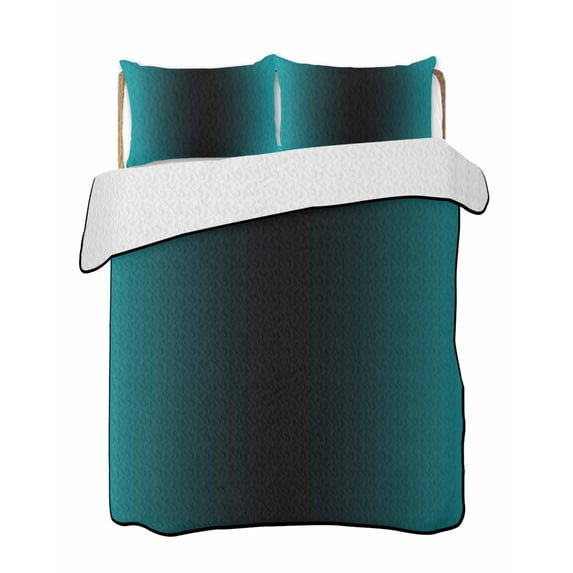 Teal Black Ombre Summer Quilt Set Full Size, Soft Microfiber Quilted Bedding Set with 2 Pillow Shams, Gradient Contemporary Abstract Art Lightweight All Season Bedspread Coverlet for Bedroom 78"x90"