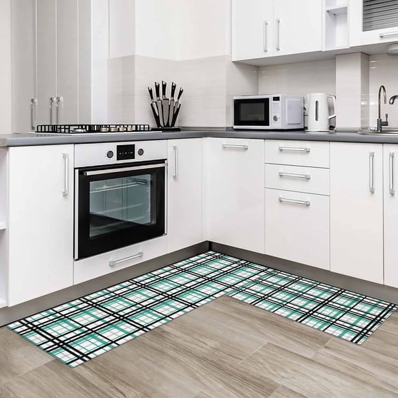 Teal Black Plaid 2 Pieces Non-Slip Kitchen Mat Set Farmhouse Teal Black Checkered Soft Door Mat with Rubber Backing,Dirtproof Rugs for Entrance Doorway 15.7x23.6in+15.7x47.2in