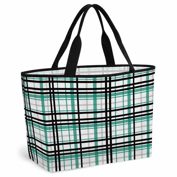 Teal Black Plaid Beach Bag for Women, Large Breathable Mesh Beach Tote Bag, Farmhouse Teal Black Checkered Sandproof Lightweight Travel Bags for Vacation Picnic Swimming Pool 15.7"x15.7"x9.1"