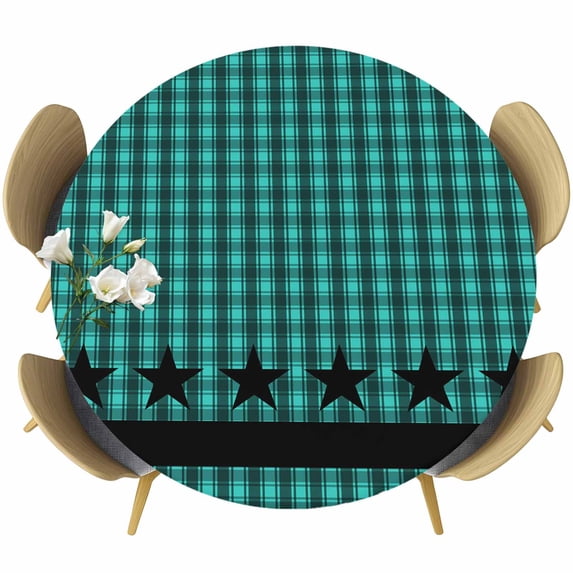 Teal Black Plaid Round Tablecloth, Fitted Table Cover with Elastic for 45"-54" Round Tables, Farmhouse Retro Star Abstract Checked Table Cloth Outdoor Indoor Dinning Party Waterproof Tablecloths