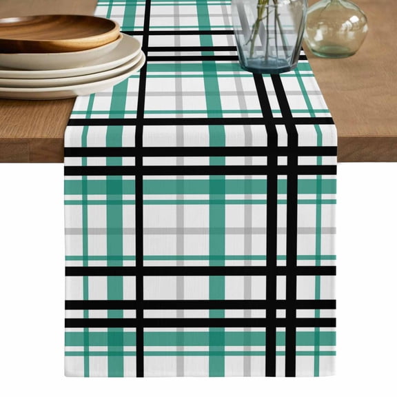 Teal Black Plaid Table Runner, Farmhouse Teal Black Checkered Washable Cotton Linen Table Runners 36 Inches Long, Dresser Scarf Runner for Nightstand/End Tables/Round Tables 13''x36''