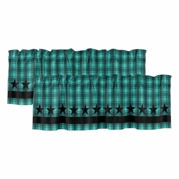 Teal Black Plaid Valances for Windows, Decorative Rod Pocket Window Valance Curtains, Farmhouse Retro Star Abstract Checked Short Curtain Drapes for Kitchen/Living Room, 2 Panels, 60" W x 18" L