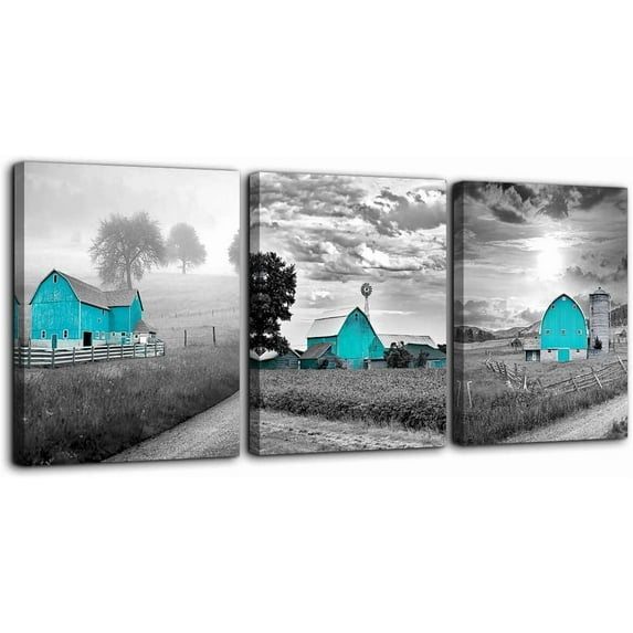 Teal Black and White Country Rustic Cabin Wall Art for Bedroom Bathroom Wall Decoration Farm Themed Canvas Picture Artwork Ready to Hang for Home Living Room Wall Decor Size 12x16 Each Panel