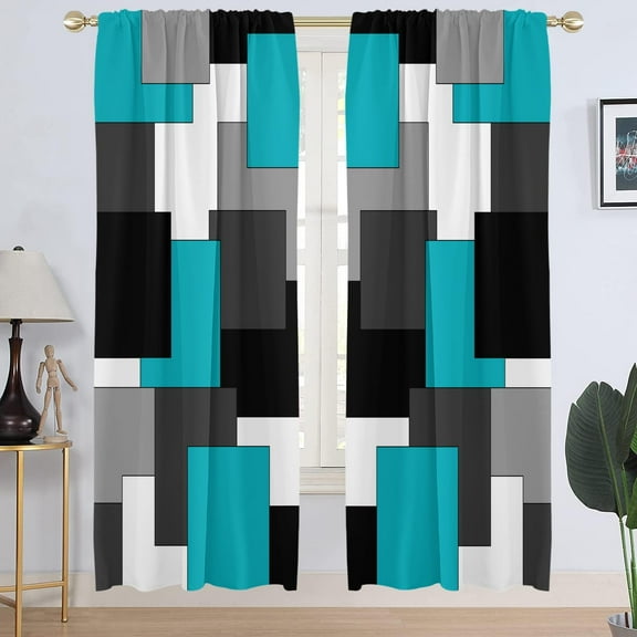Teal and Black Window Curtains Extra Long Wide Large Tall Turquoise Aqua Grey Gray and White Mens Boys Geometric Teen Living Room Bedroom Drapes Treatment Fabric 1 Pair, 52" W x 84" L, Modern