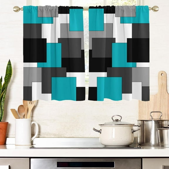 Teal and Black Window Curtains for Kitchen Turquoise Aqua White Grey Geometric Small Short Home Living Room Bedroom Bathroom Drapes Treatment Tiers Fabric 1 Pair, 27.5" W x 39" L, Modern