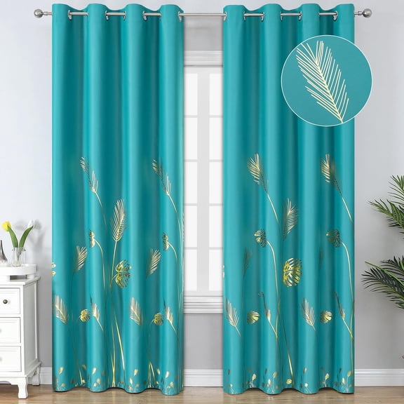 Teal Blackout Curtains 102" Long with Gold Palm Tree Pattern, Thermal Insulated Light Blocking Grommet Drapes, 2 Panels