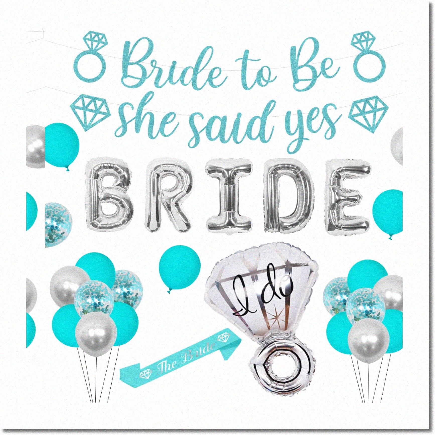 Bachelorette Party Decor Set – 40 Inch BRIDE Foil Balloon, Veil, Sash, Ring & Glass Balloons For Bridal Shower & Wedding