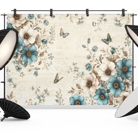 Teal Blooms Backdrops for Photography, Art Teal Beige Floral Blue Butterfly Leaf Botanical Garden Fabric Photo Background Sturdy Studio Props for Photo Studio, Video Recording Photoshoot 7x5ft