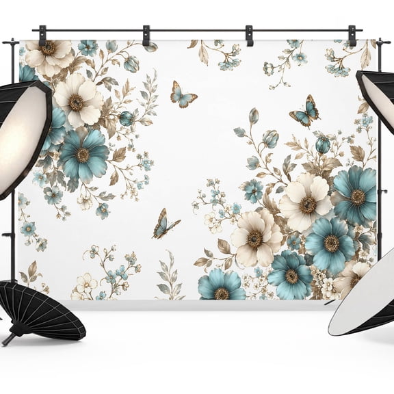 Teal Blooms Backdrops for Photography, Artistic Teal Beige Floral Blue Butterfly Leaf Botanical Fabric Photo Background Sturdy Studio Props for Photo Studio, Video Recording, Booth & Photoshoot 7x5ft