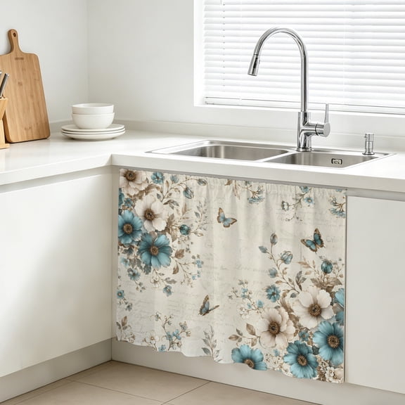 Teal Blooms Cabinet Curtains for Kitchen 10"Wx11"L, Art Teal Beige Floral Blue Butterfly Leaf Botanical Garden Under Sink Skirt Magic Tape Short Curtain Decorative Privacy Panel for Bathroom Laundry