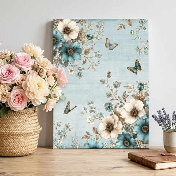 Teal Blooms Canvas Wall Art, Artistic Teal Beige Floral Butterfly Leaf Botanical Blue Pictures Wall Decor Wooden Framed Artwork Art Prints for Living Room Hallway Bedroom Office 8"x12"
