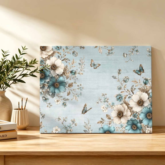 Teal Blooms Canvas Wall Art, Artistic Teal Beige Floral Butterfly Leaf Botanical Blue Wall Art Prints Artwork Framed Canvas Ready to Hang Art Pictures for Bathroom, Dressing Table, Entryway 12" x 8"