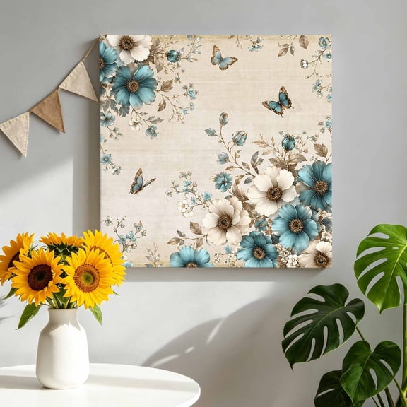 Teal Blooms Canvas Wall Art, Artistic Teal Beige Floral Butterfly Leaf Botanical Pictures Wall Decor Wooden Framed Artwork Art Prints for Living Room Hallway Bedroom Office 8"x8"