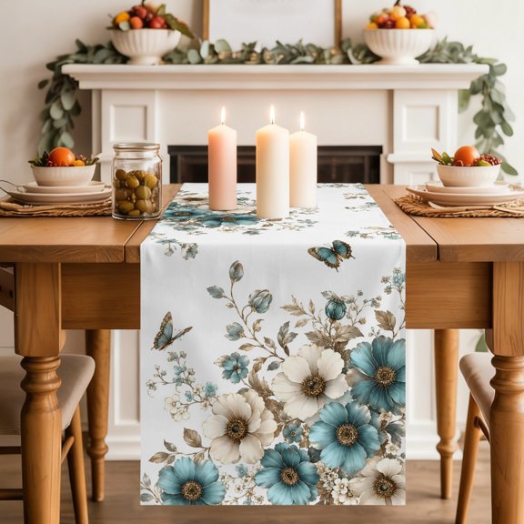 Teal Blooms Dining Table Runner, Artistic Teal Beige Floral Blue Butterfly Leaf Botanical Washable Table Runners Kitchen Coffee Table Center Decor for Home Party Holiday Wedding 13 x 36 Inches