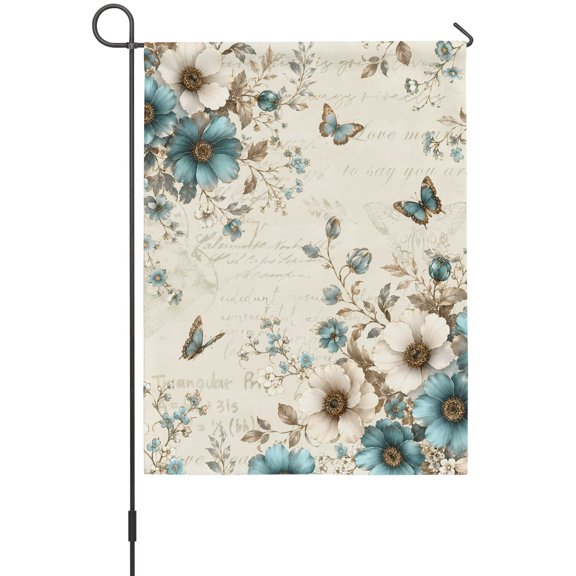 Teal Blooms Garden Flag 12 x 18 Inches, Art Teal Beige Floral Blue Butterfly Leaf Botanical Garden Weather Proof Outdoor Patio Flags Double Sided Small Garden Decoration for Yard Outside Home