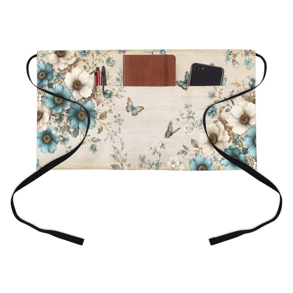Teal Blooms Kitchen Restaurant Half Waist Apron, Artistic Teal Beige Floral Butterfly Leaf Botanical Server Short Apron with 3 Pockets Waterproof Oil Waist Aprons for Women Waitress Waiter
