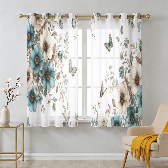 Teal Blooms Sheer Curtains 39 Inch Long 2 Panels, Artistic Teal Beige Floral Blue Butterfly Leaf Botanical Light Filtering Semi Sheer Drapes Grommet Voile Window Curtain for Living Bedroom W27.9xL39