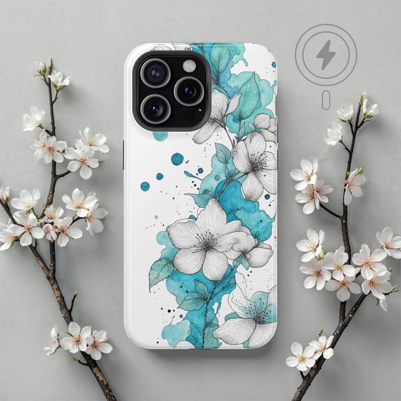 Teal Blossom Phone Case Ink Floral Sketch for iPhone 17 through 11 Pro Max