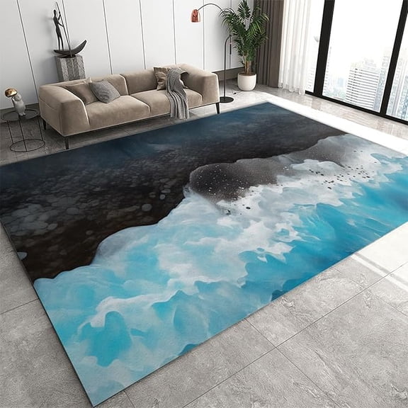 Teal Blue 3D Vision Beach Theme Ocean Waves Area Rug Kitchen Floor Mat, Non-Slip Non-Shedding Carpet For Bedroom Hallway Kitchen Laundry Runner Rug 2 x 3ft