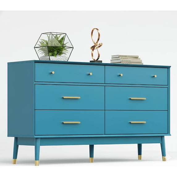 Teal Blue 6 Drawer Dresser – Modern Storage Chest with Gold Handles, 54" W Mid-Century Dresser for Bedroom, Living Room, or Clothes Storage