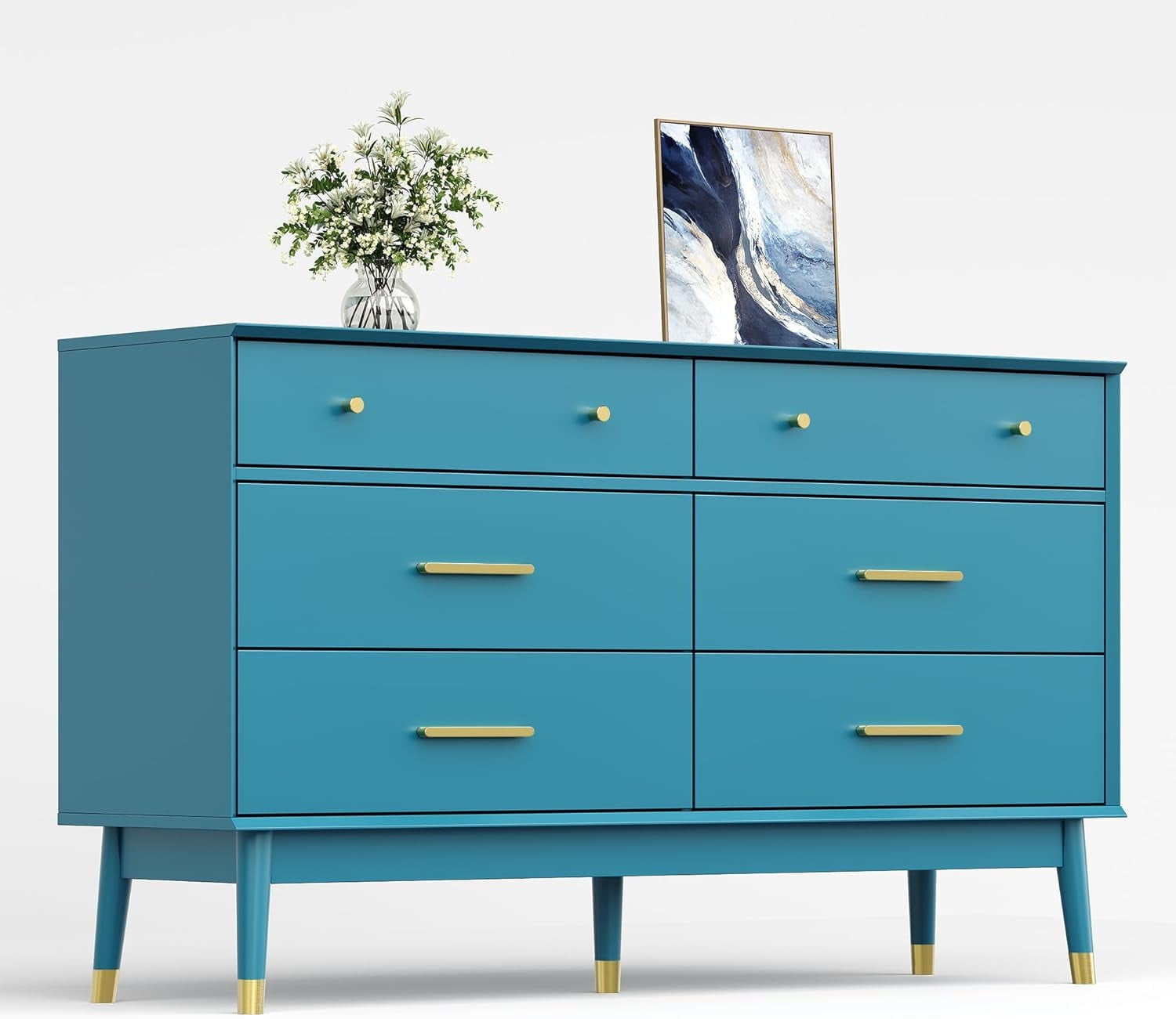 Teal Blue 6 Drawer Dresser  Modern Storage Chest with Gold Handles, 54" W  Mid-Century Dresser for Bedroom, Living Room, or Clothes Storage