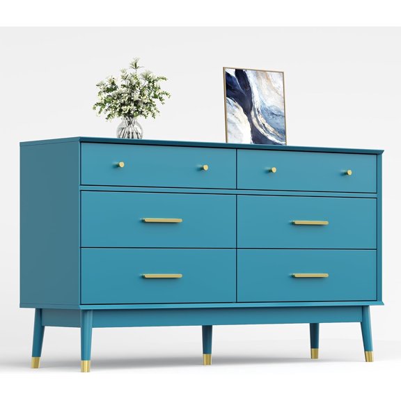 Teal Blue 6 Drawer Dresser Modern Storage Chest with Gold Handles, 54" W Mid-Century Dresser for Bedroom, Living Room, or Clothes Storage