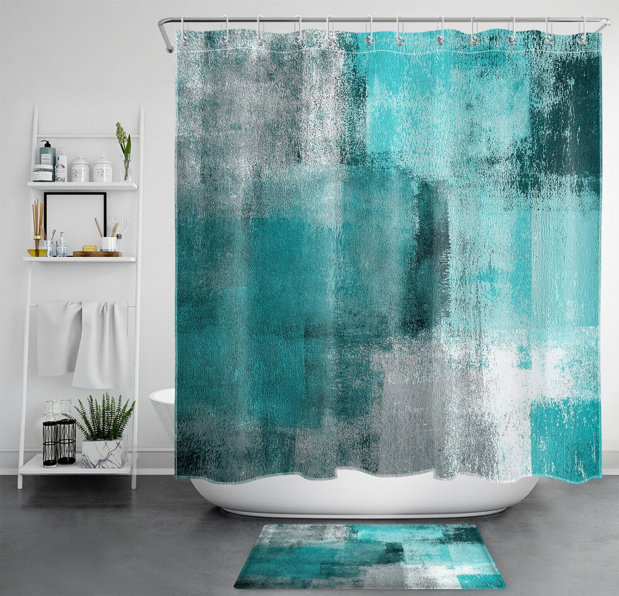 Teal Blue Abstract Geometric Pattern Shower Curtain Set for Bathroom